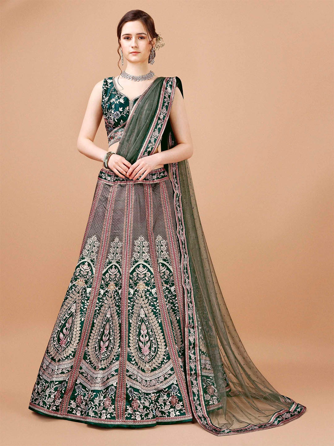 

SAPTRANGI Printed Ready To Wear Lehenga & Blouse With Dupatta, Green