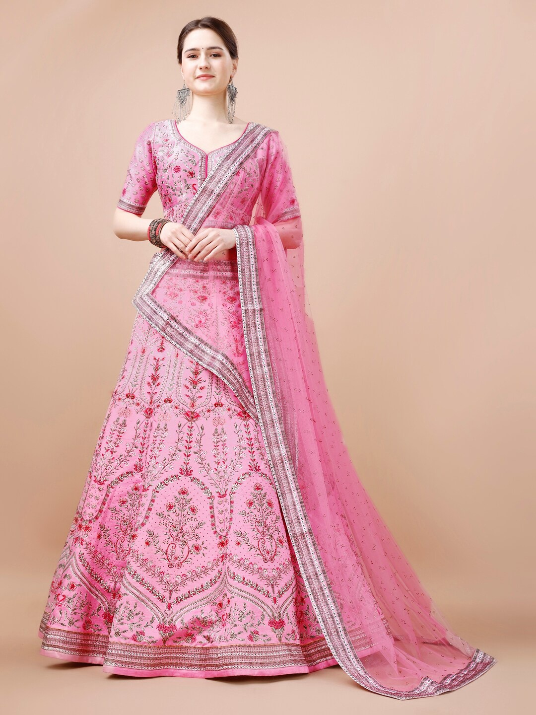 

SAPTRANGI Floral Embroidered Ready To Wear Lehenga & Blouse With Dupatta, Pink