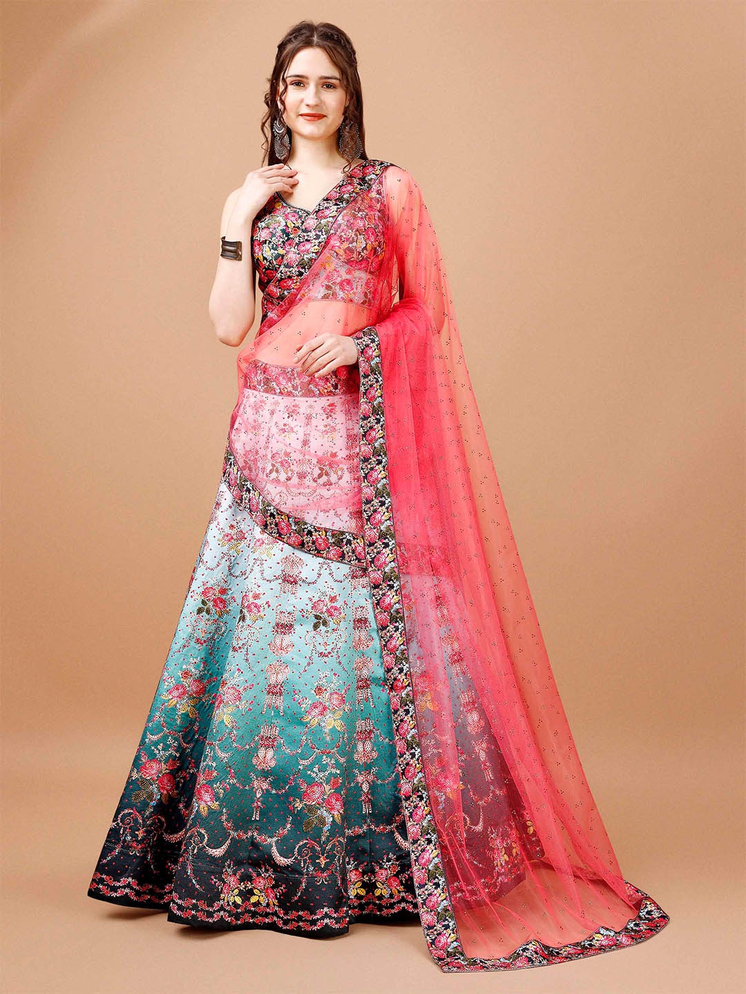 

SAPTRANGI Ethnic Motifs Printed Ready To Wear Lehenga & Blouse With Dupatta, Blue