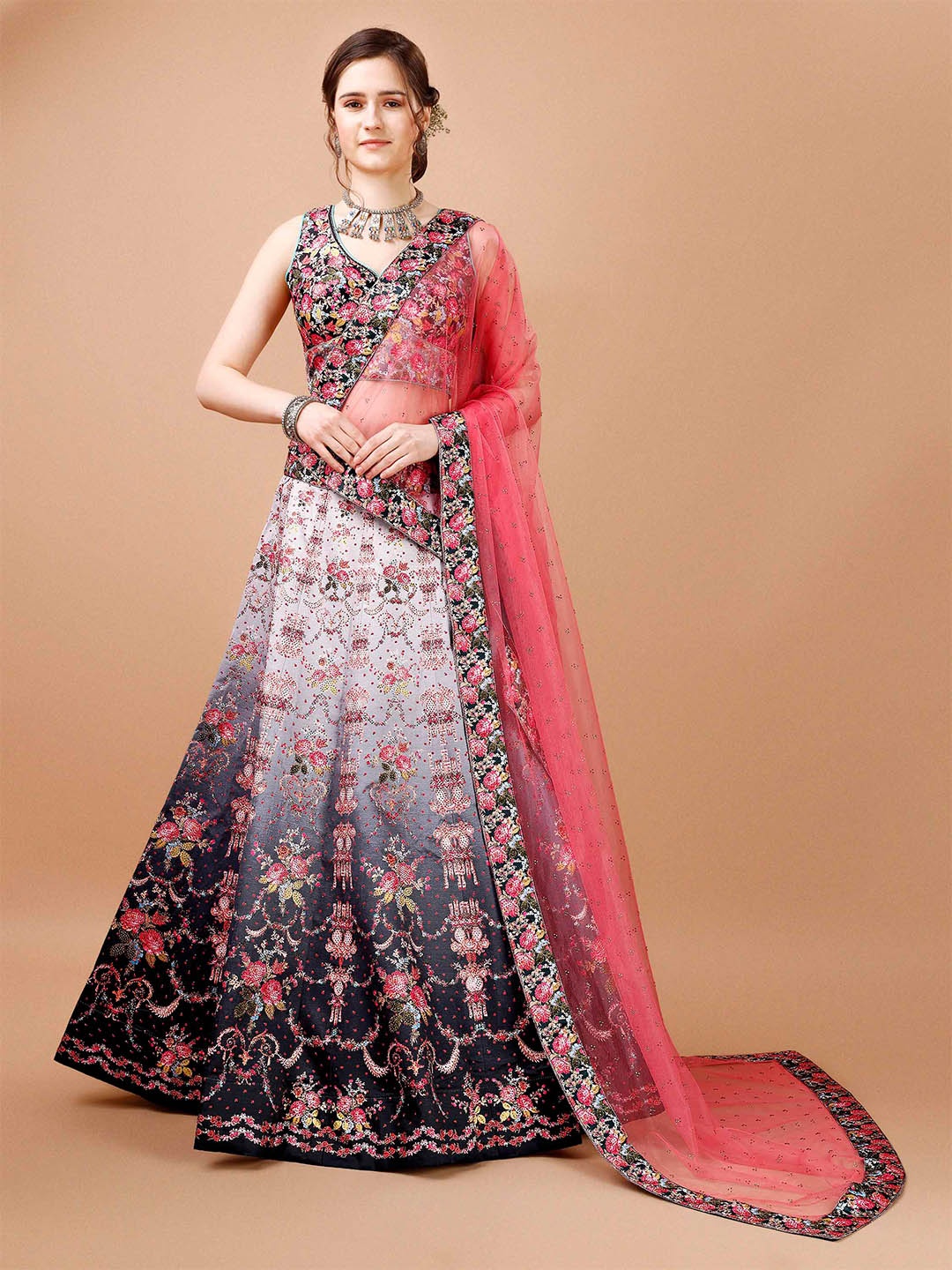 

SAPTRANGI Floral Printed Ready To Wear Lehenga & Blouse With Dupatta, Grey