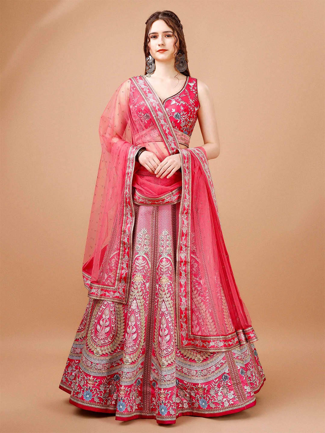 

SAPTRANGI Floral Embroidered Ready To Wear Lehenga & Blouse With Dupatta, Pink