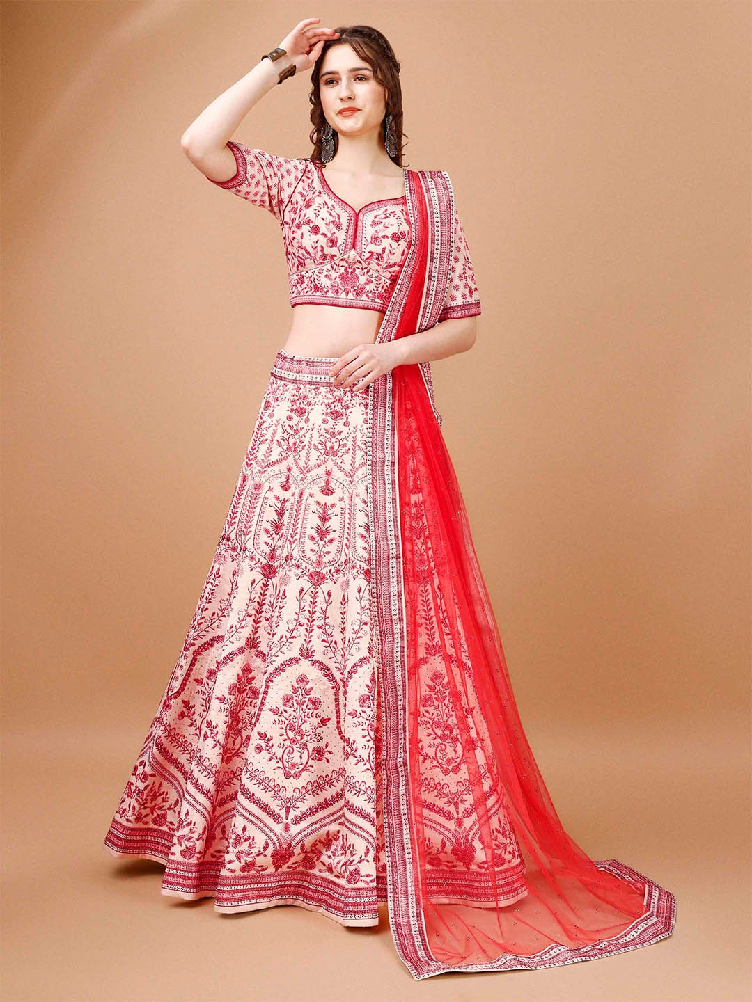 

SAPTRANGI Floral Embroidered Ready To Wear Lehenga & Blouse With Dupatta, Peach