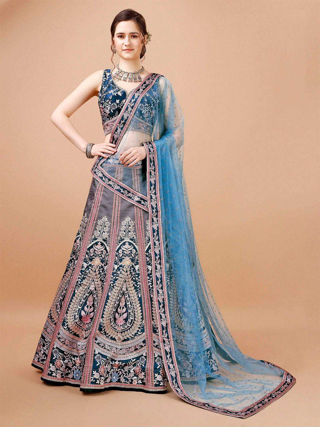 

SAPTRANGI Ethnic Motifs Embroidered Ready To Wear Lehenga & Blouse With Dupatta, Teal
