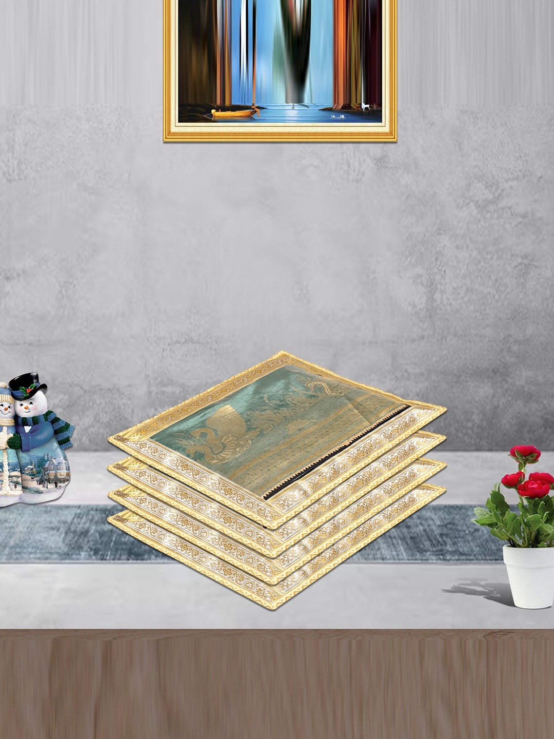 

Kuber Industries Gold Toned 9 Pieces Self Design Fabric Cloth Organisers