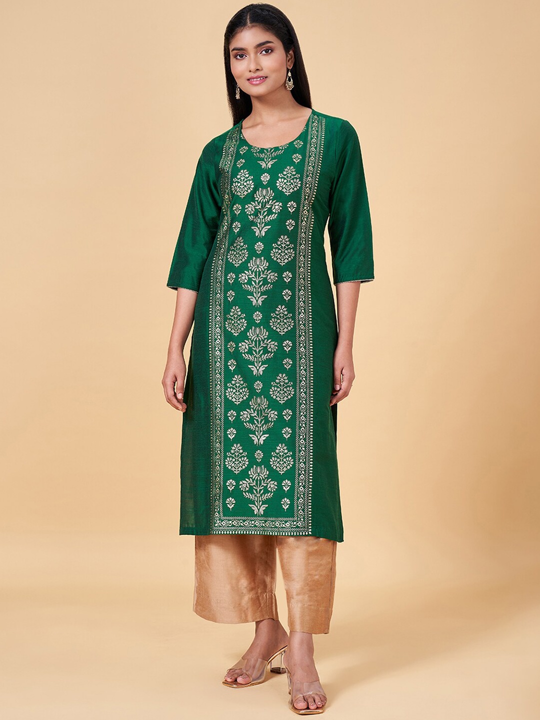 

RANGMANCH BY PANTALOONS Ethnic Motifs Printed Round Neck A-Line Kurta, Green