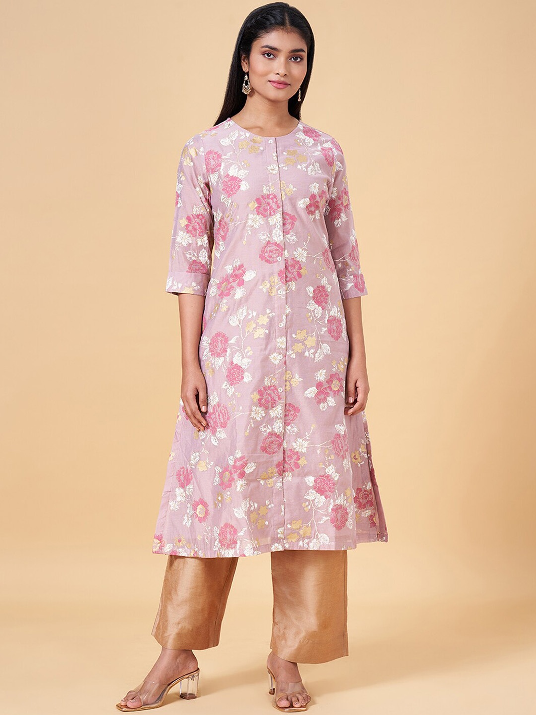 

RANGMANCH BY PANTALOONS Pink Floral Printed Round Neck A-Line Chanderi Silk Kurta