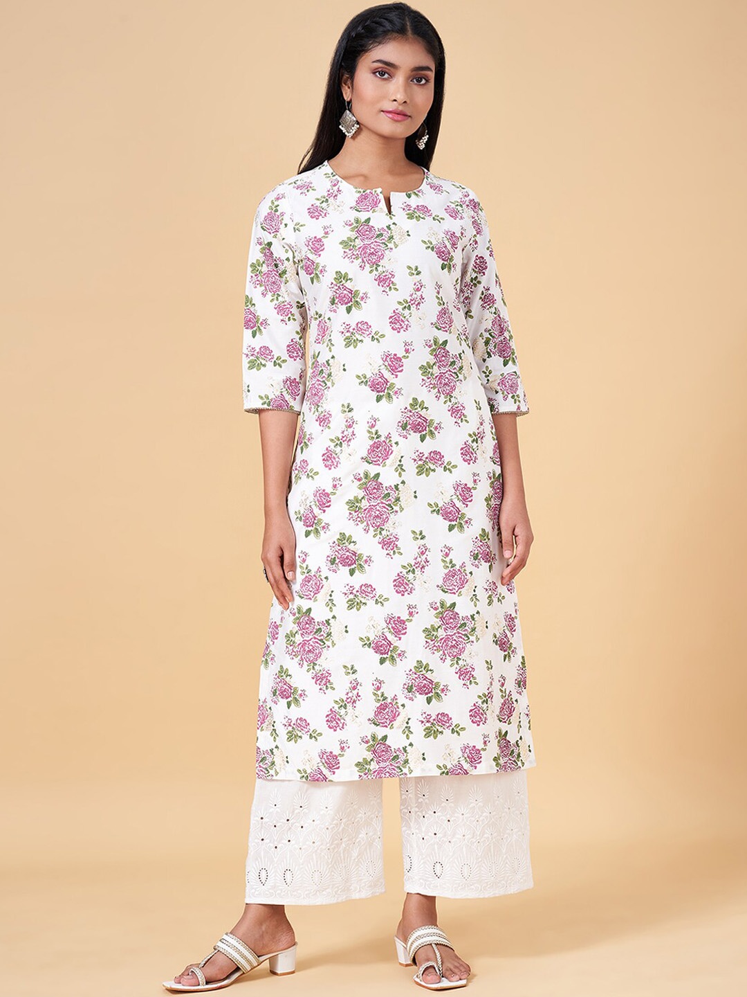 

RANGMANCH BY PANTALOONS Floral Printed Round Neck Straight Kurta, Off white