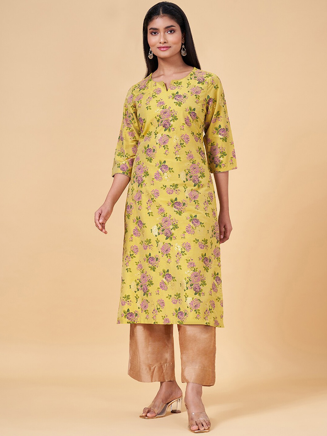 

RANGMANCH BY PANTALOONS Floral Printed Round Neck Straight Kurta, Lime green