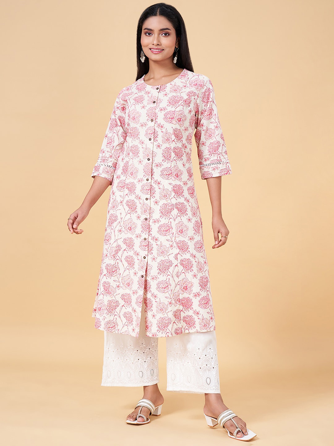 

RANGMANCH BY PANTALOONS Floral Printed Round Neck A-Line Cotton Kurta, Pink