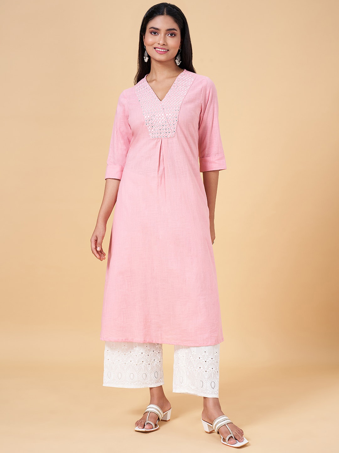 

RANGMANCH BY PANTALOONS Women Embroidered Calf Length Striped Kurta, Pink