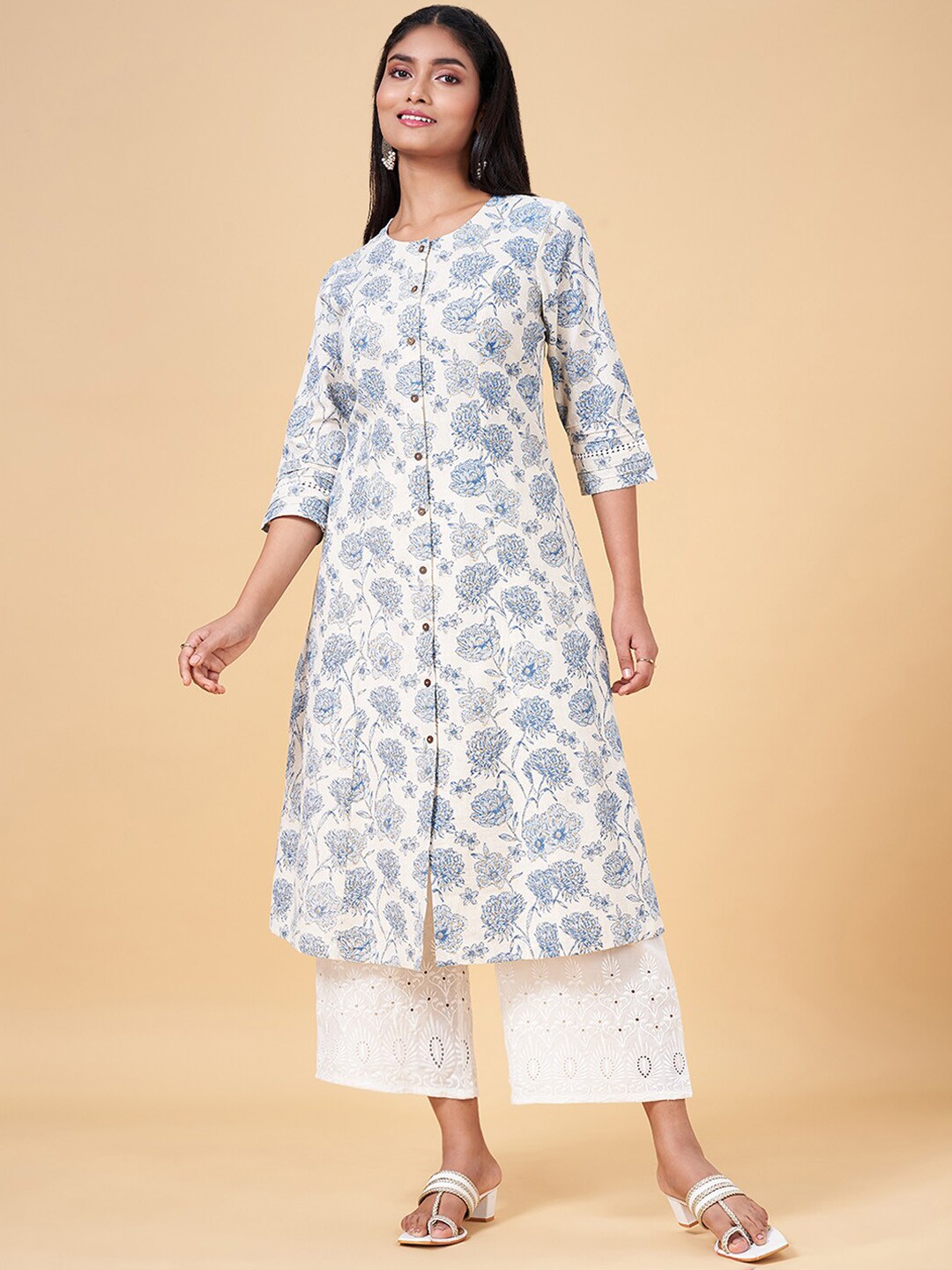 

RANGMANCH BY PANTALOONS Floral Printed Round Neck Straight Kurta, Blue