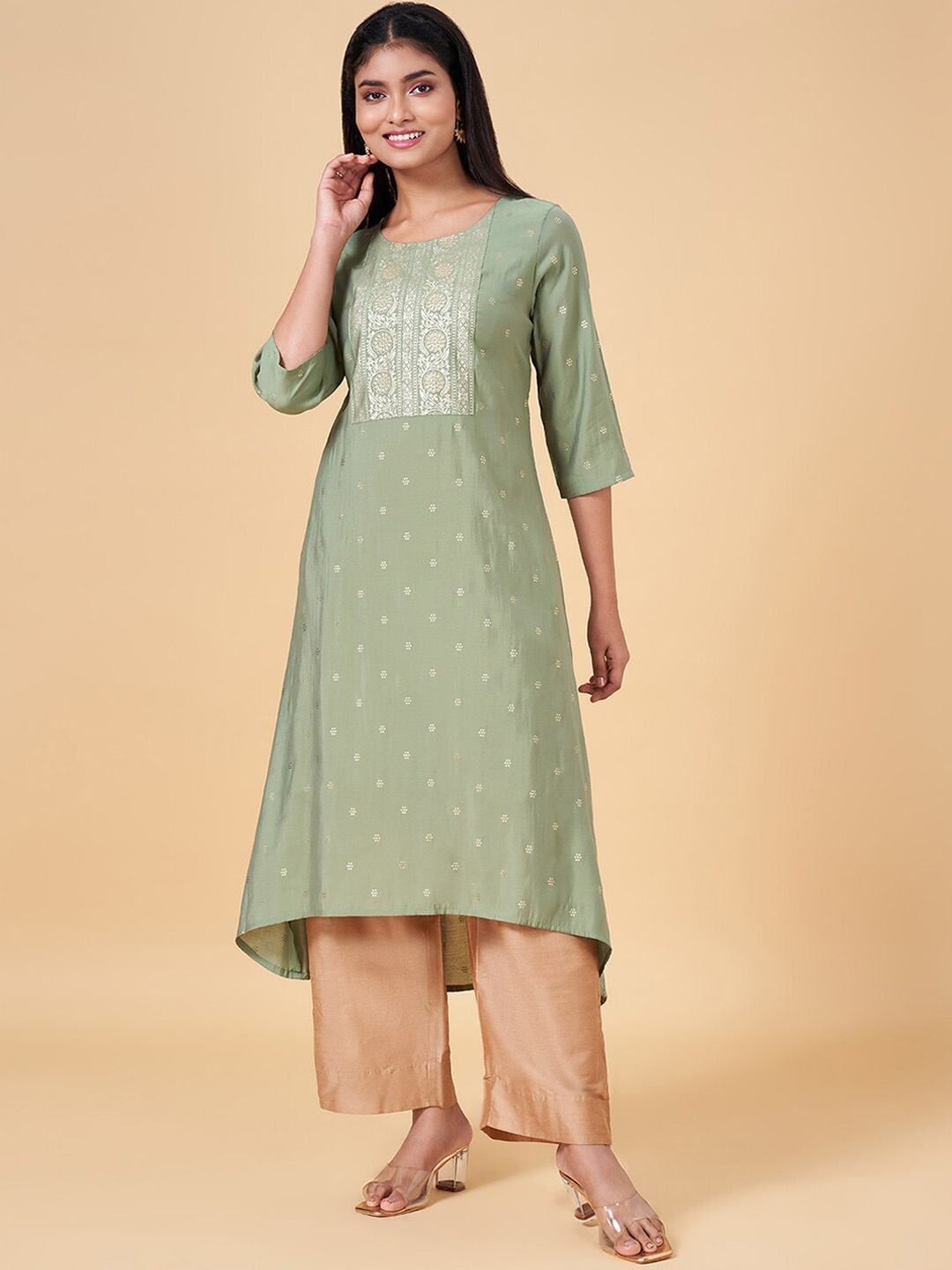 

RANGMANCH BY PANTALOONS Ethnic Motifs Printed Round Neck A-Line Kurta, Green