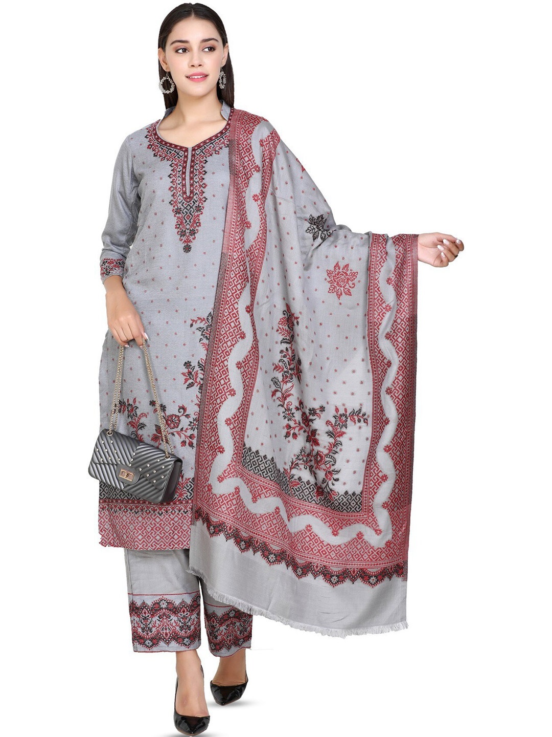 

KIDAR Ethnic Motifs Printed Unstitched Dress Material, Grey