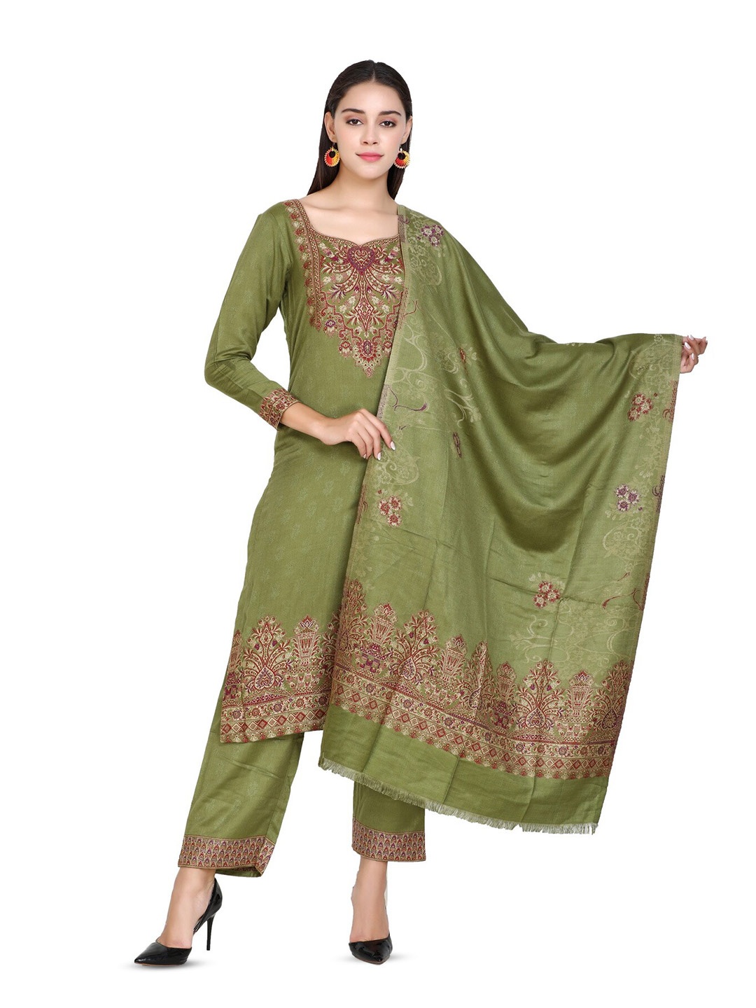 

KIDAR Ethnic Motifs Printed Unstitched Dress Material, Green