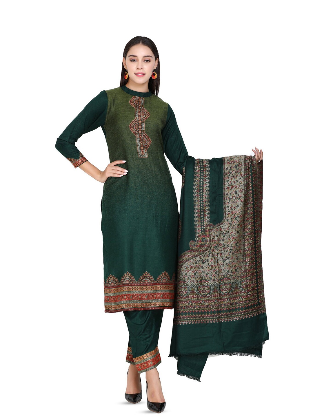 

KIDAR Ethnic Motifs Printed Unstitched Dress Material, Green