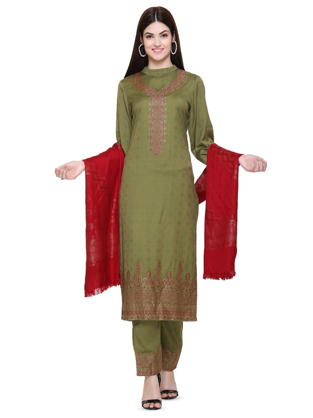 

KIDAR Ethnic Motifs Printed Unstitched Dress Material, Green