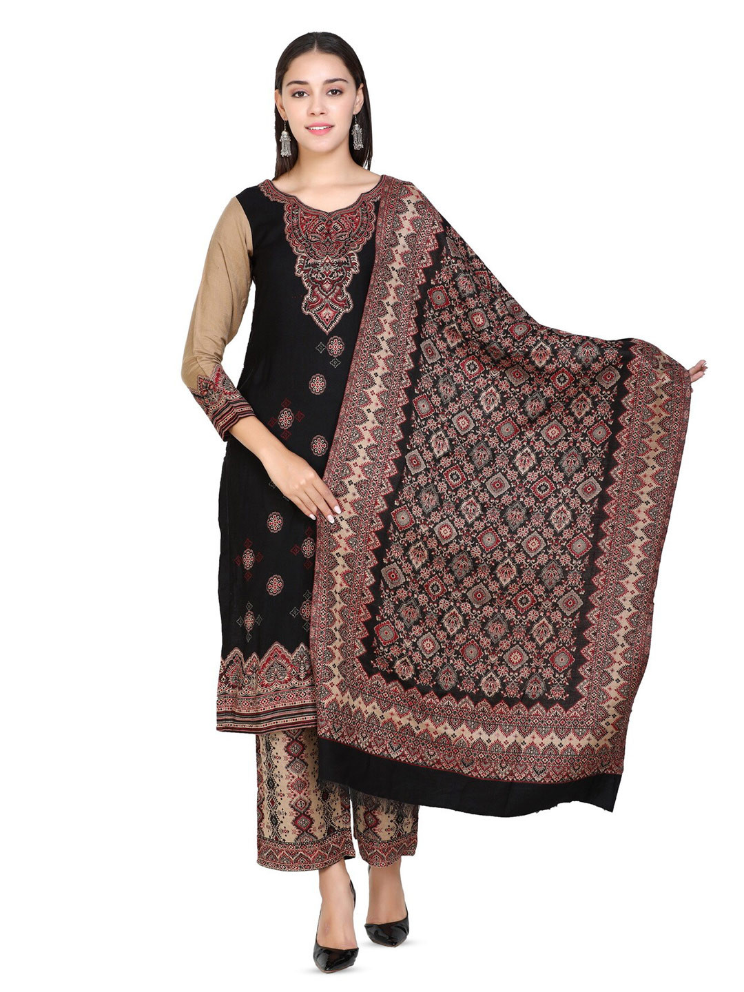 

KIDAR Ethnic Motifs Printed Unstitched Dress Material, Black