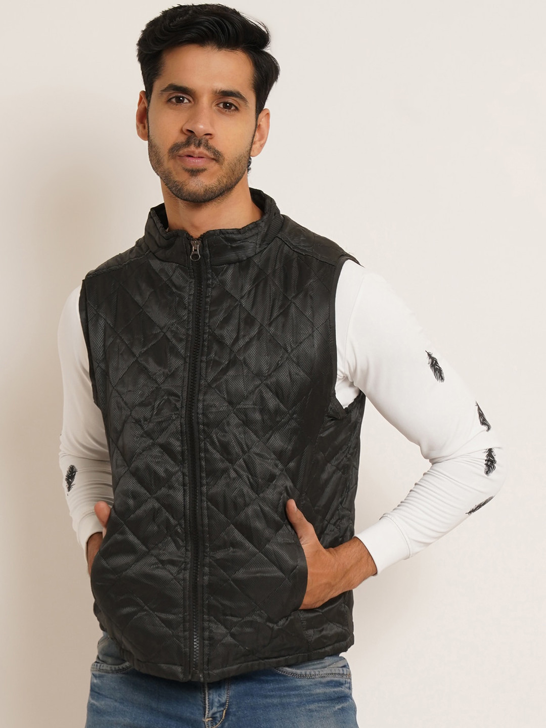 

IX IMPRESSION Sleeveless Mock Collar Lightweight Padded Jacket, Black