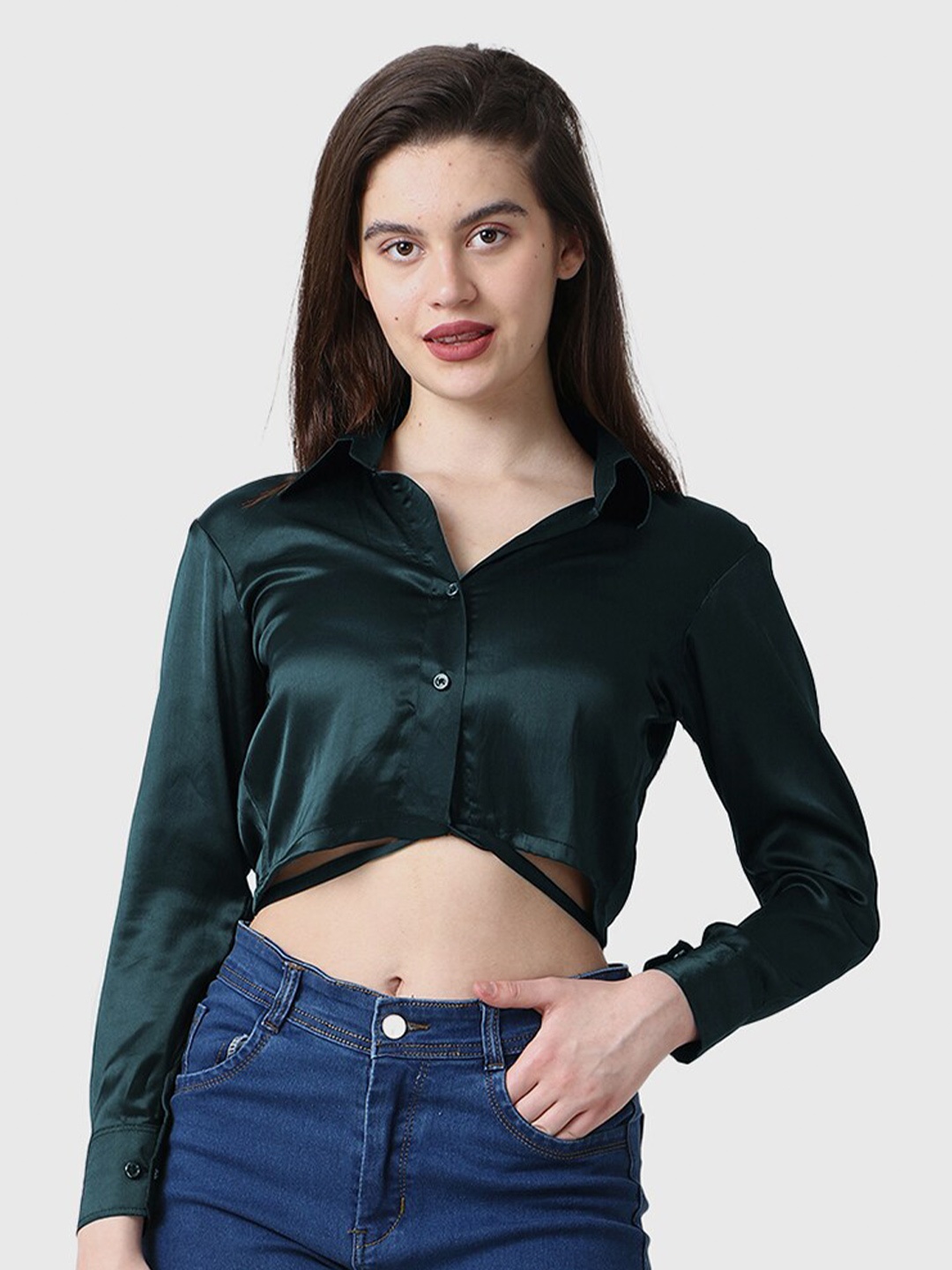 

CareDone Tie-Up Satin Crop Shirt Style Top, Green