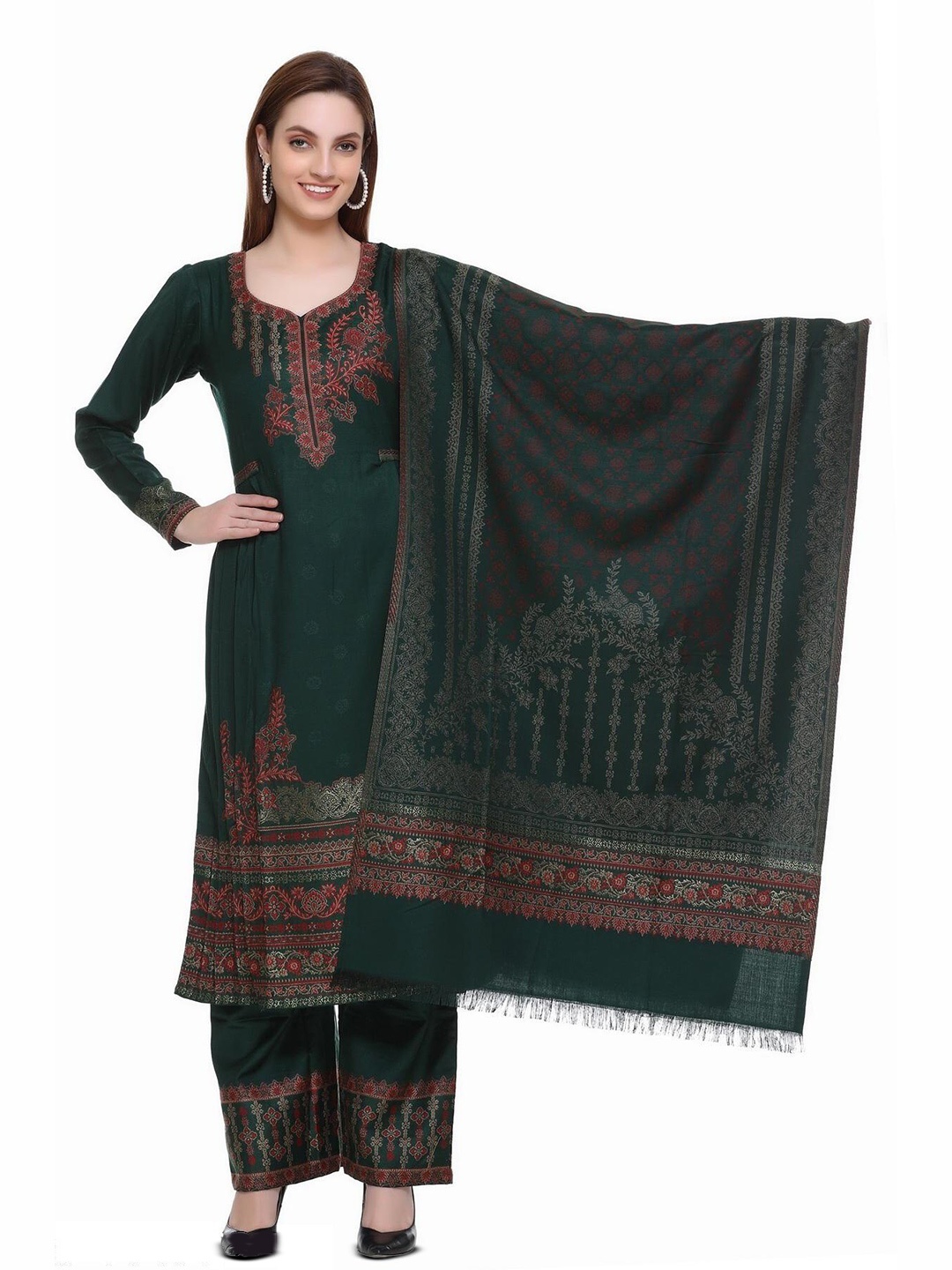 

KIDAR Ethnic Motifs Printed Unstitched Dress Material, Green