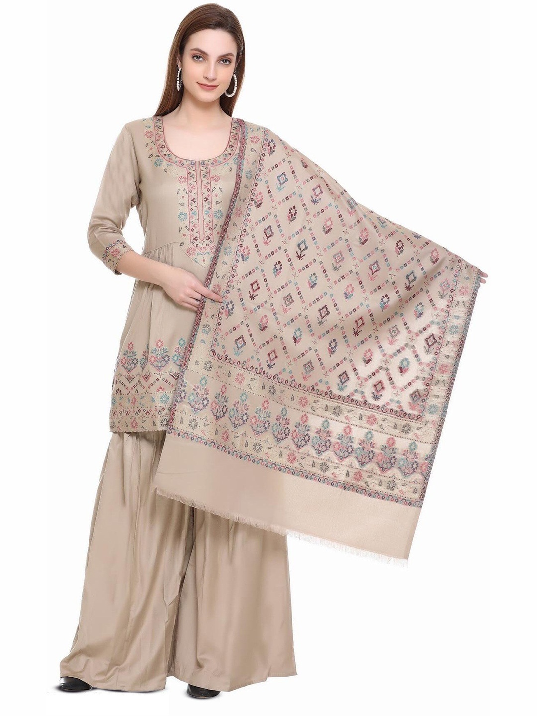 

KIDAR Ethnic Motifs Printed Unstitched Dress Material, Beige