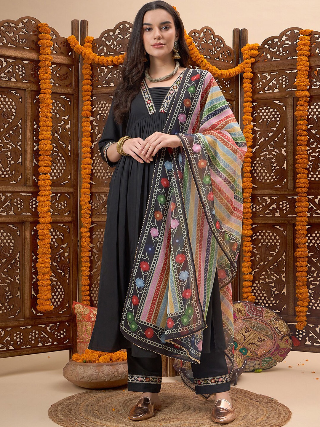 

KALINI Empire Kurta with Trousers & With Dupatta, Black