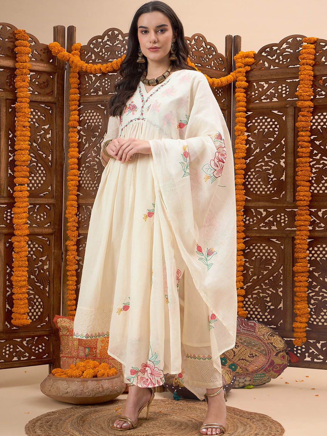 

KALINI Floral Embroidered Anarkali Kurta With Trouser & Dupatta, Off white