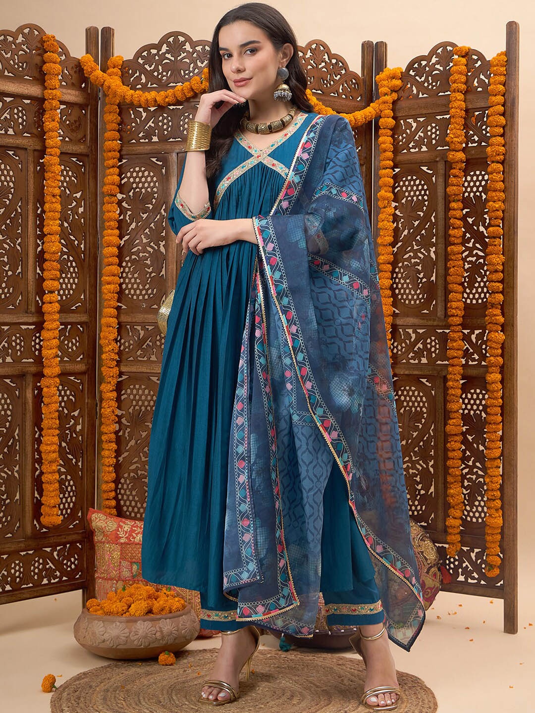 

KALINI Gotta Patti V-Neck A-Line Kurta with Trousers & With Dupatta, Teal