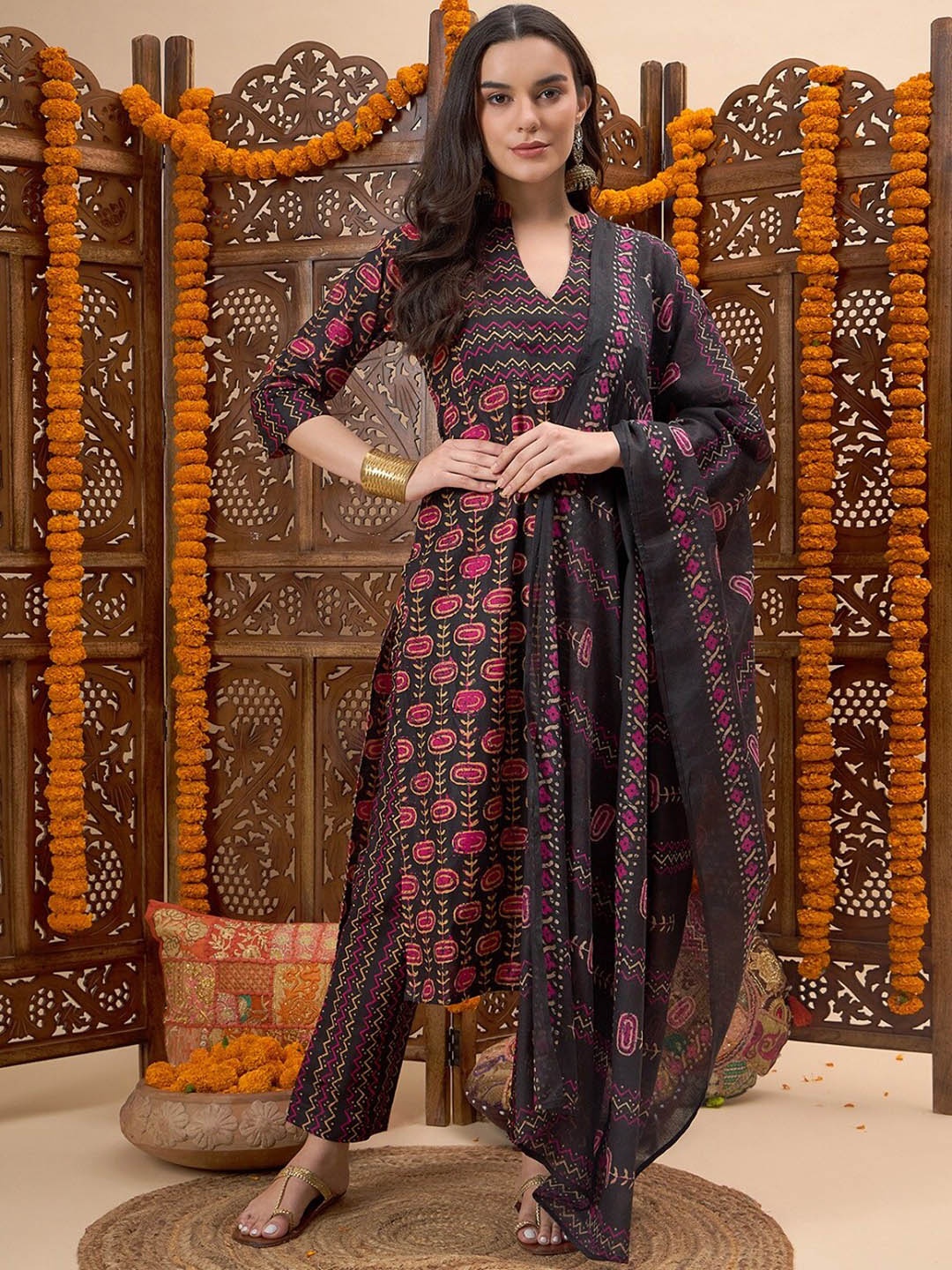 

KALINI Ethnic Motifs Printed Mandarin Collar Pure Cotton Kurta With Trouser & Dupatta, Black