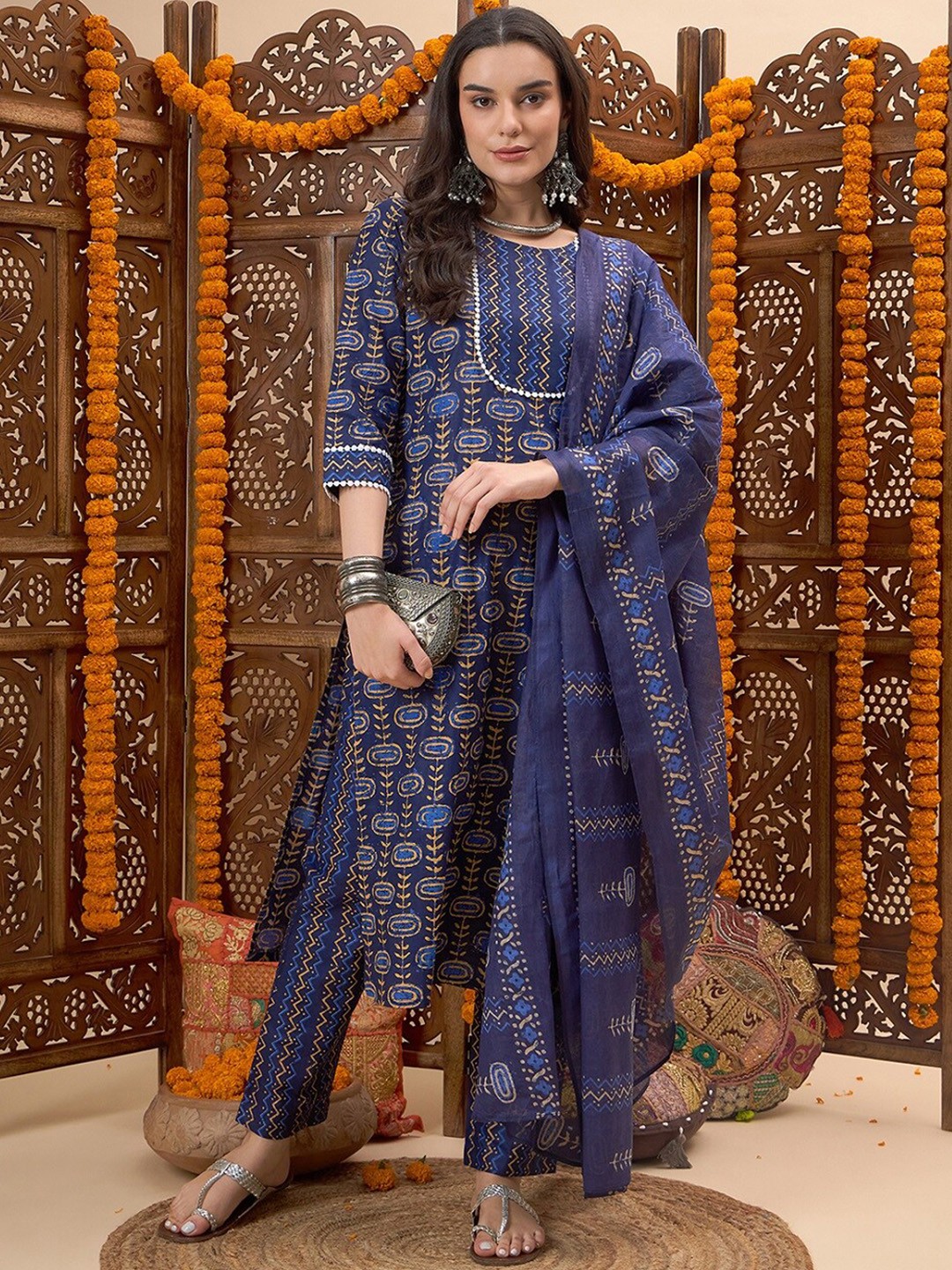 

KALINI Ethnic Motifs Printed Lace Pure Cotton Kurta With Trouser & Dupatta, Navy blue