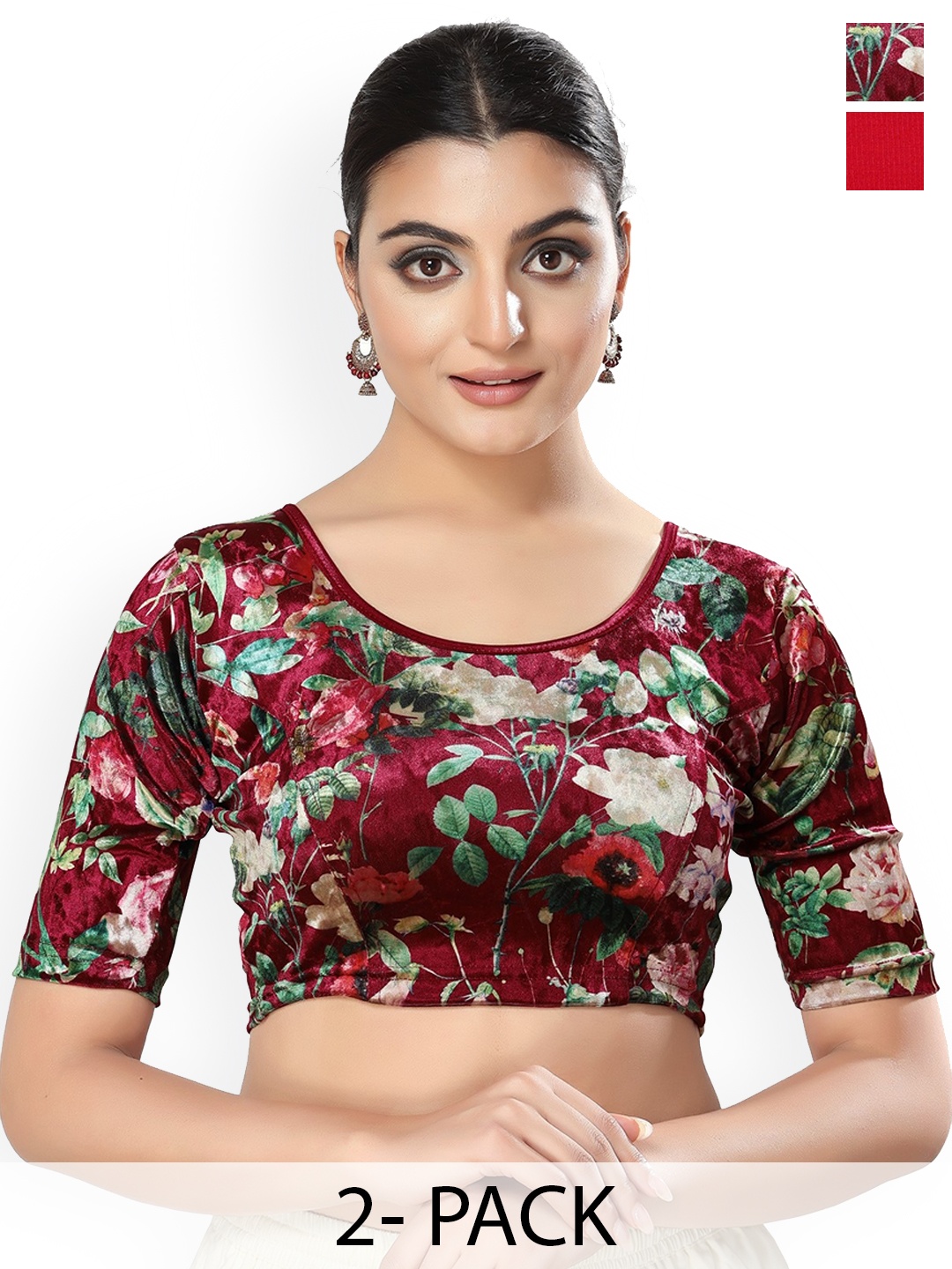 

SALWAR STUDIO Pack Of 2 Cotton Cotton Lycra Saree Blouse, Red