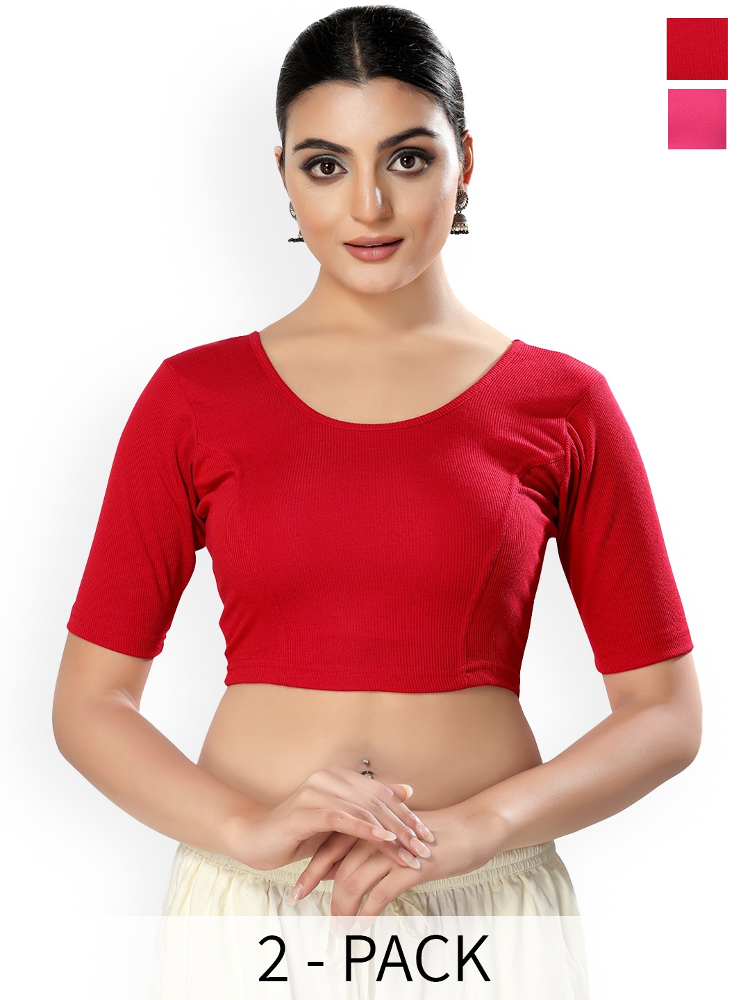 

SALWAR STUDIO Pack of 2 Round Neck Lycra Stretchable Saree Blouse, Red