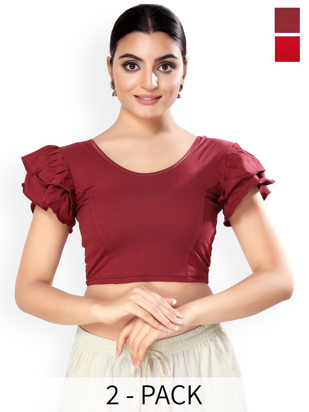 

SALWAR STUDIO Pack Of 2 Short Sleeves Saree Blouse, Red