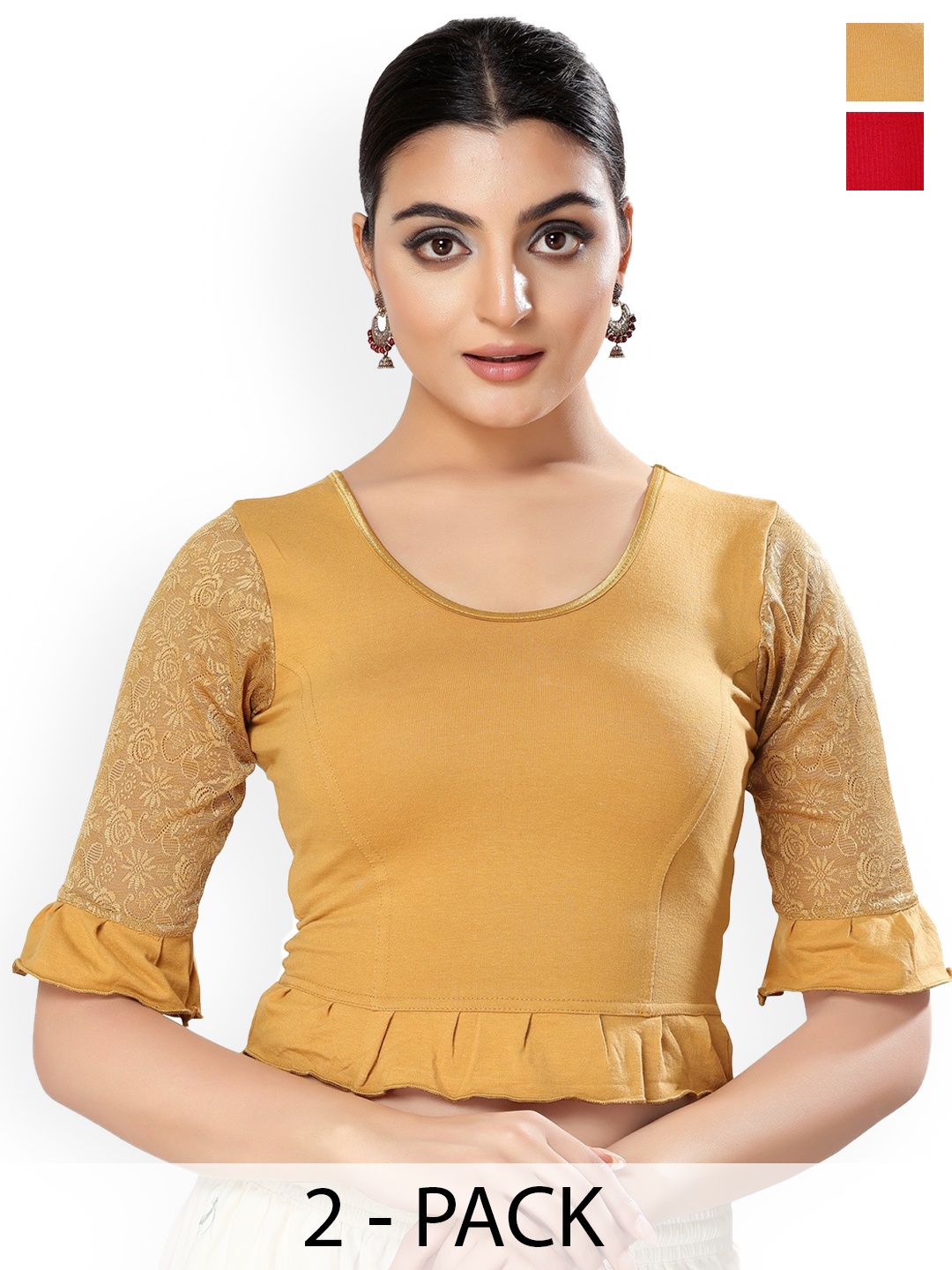 

SALWAR STUDIO Pack Of 2 Cotton Lycra Saree Blouse, Red