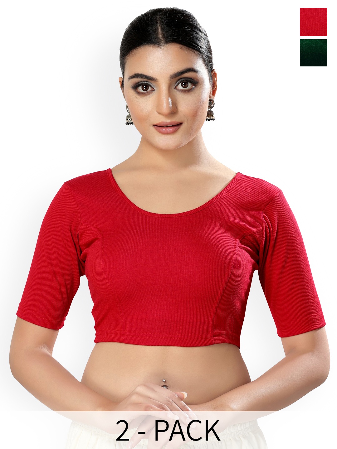 

SALWAR STUDIO Pack of 2 Round Neck Lycra Stretchable Saree Blouse, Red