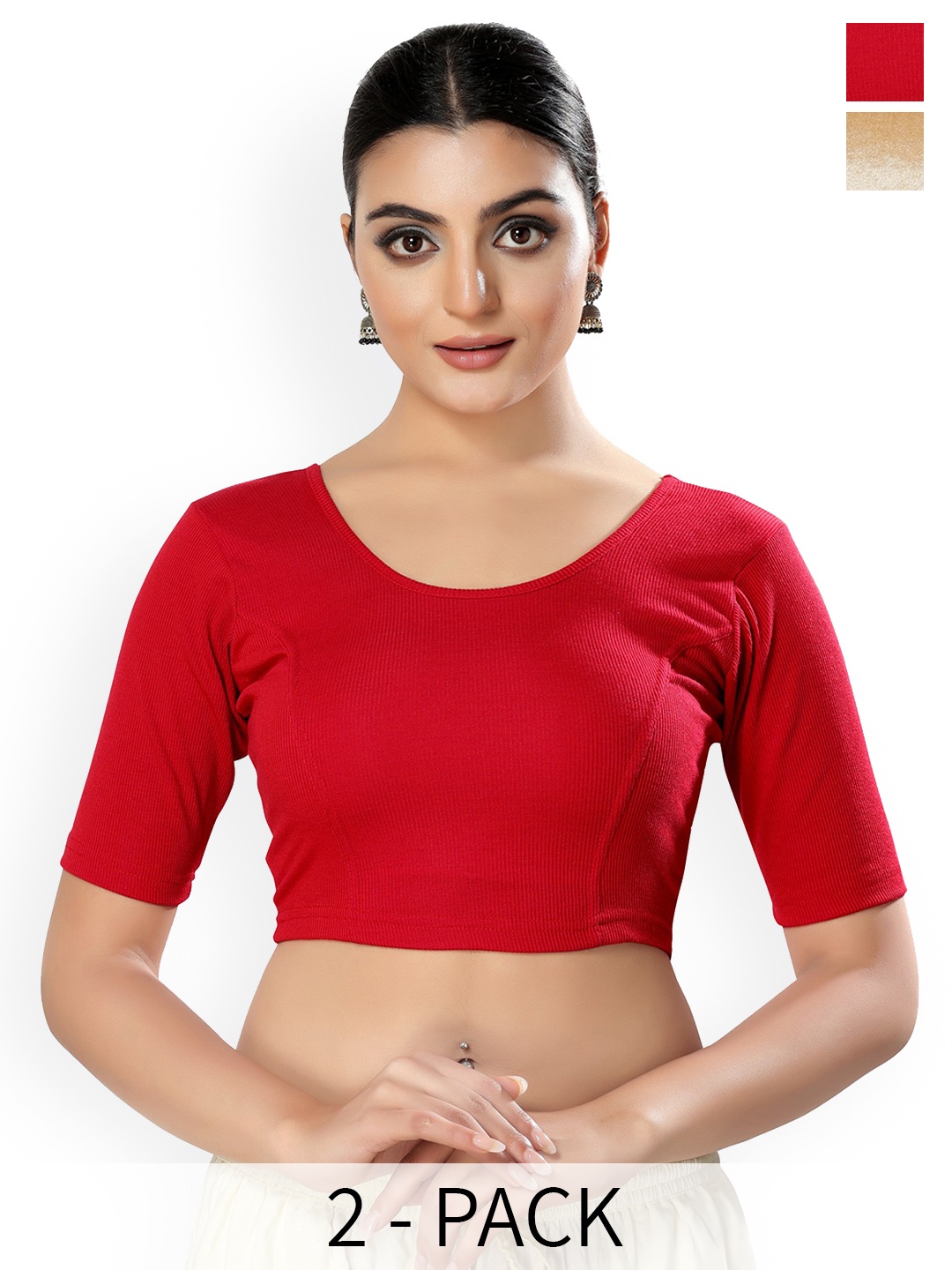 

SALWAR STUDIO Pack Of 2 Cotton Saree Blouse, Red