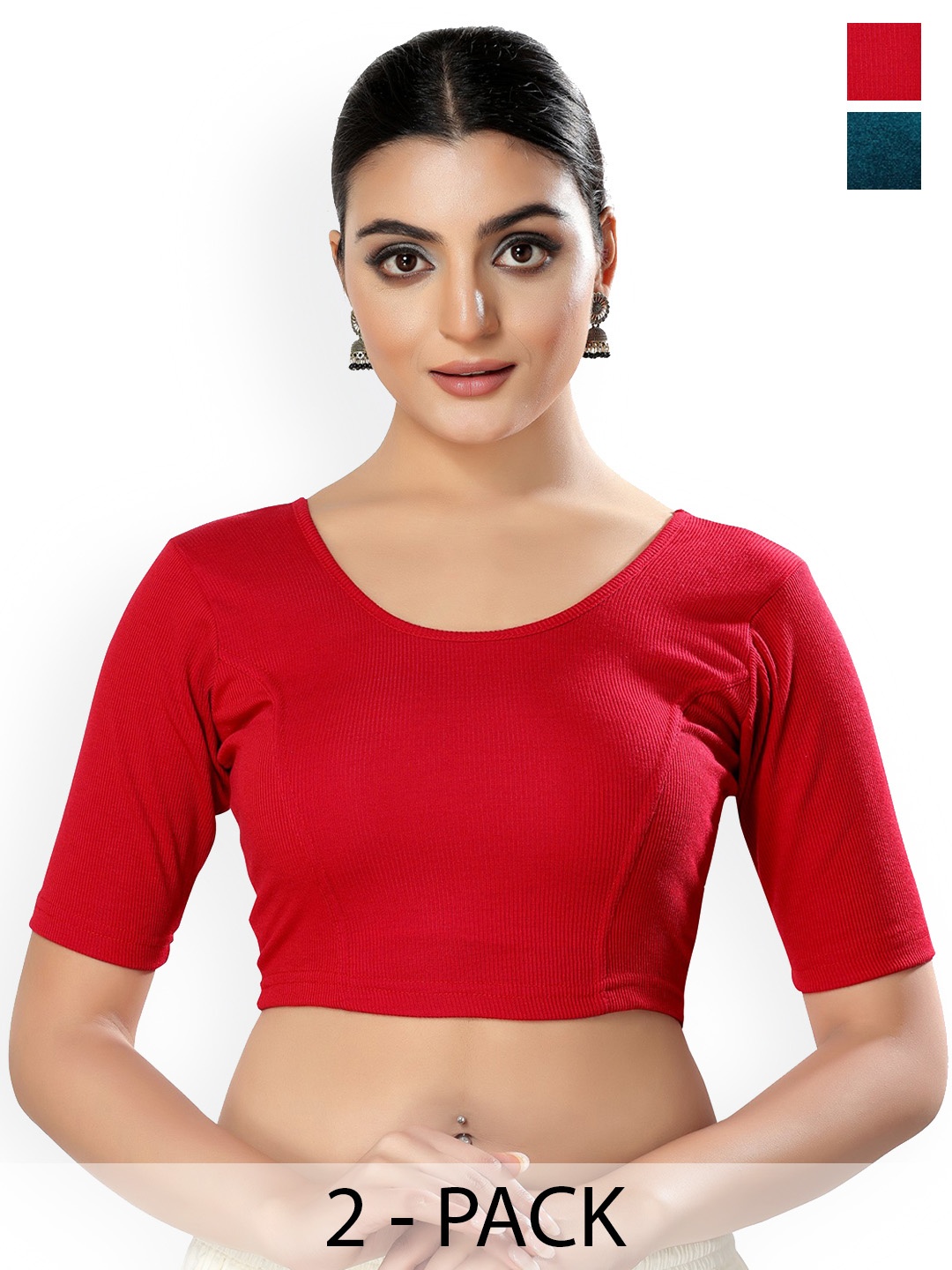 

SALWAR STUDIO Pack Of 2 Short Sleeves Lycra Saree Blouse, Red
