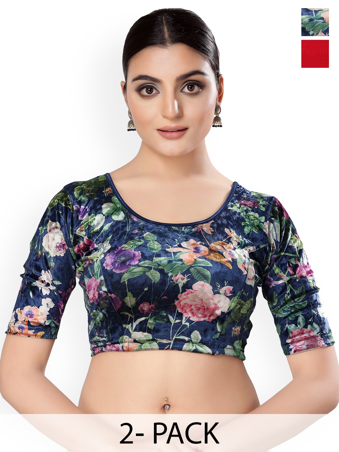 

SALWAR STUDIO Pack Of 2 Cotton Saree Blouse, Red