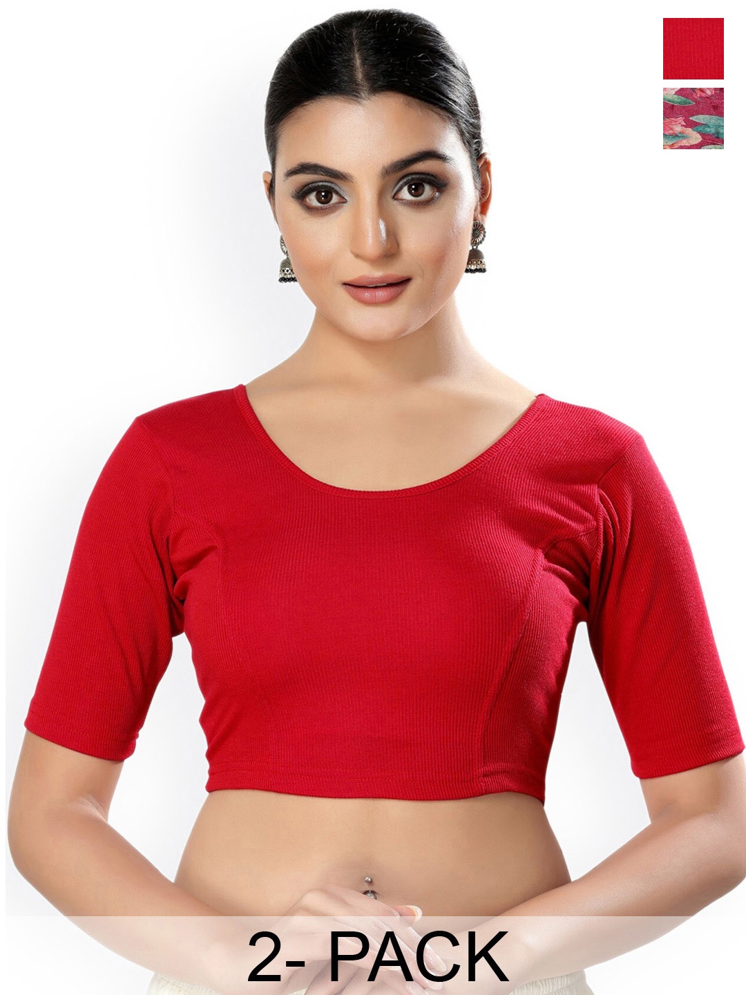 

SALWAR STUDIO Pack of 2 Cotton Lycra Saree Blouse, Red