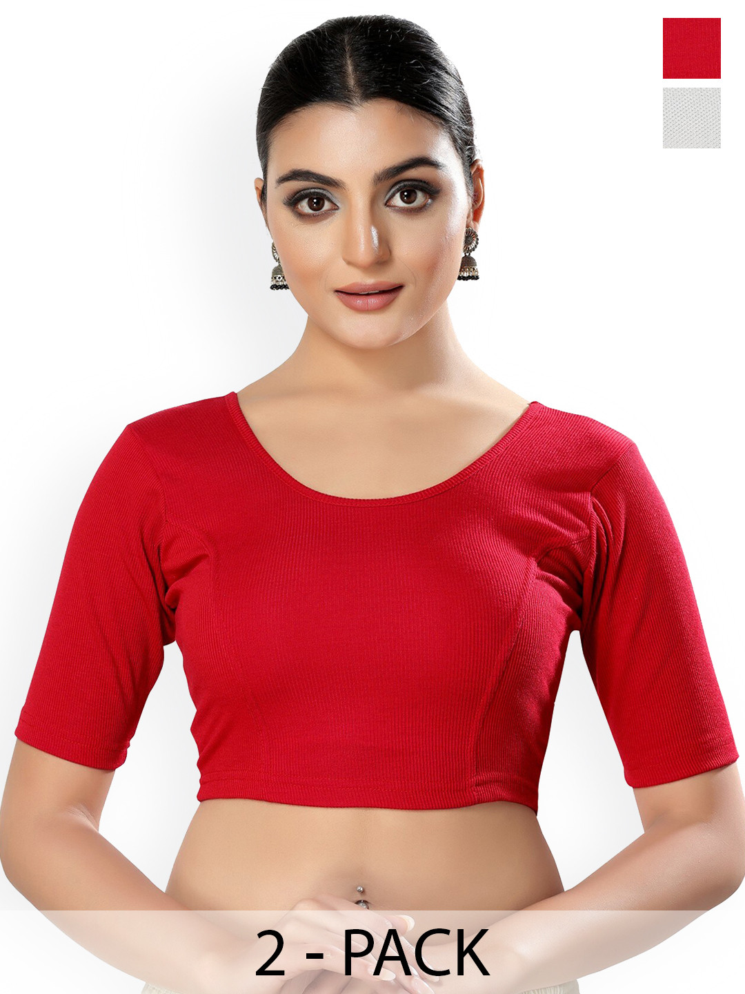 

SALWAR STUDIO Pack of 2 Round-Neck Stretchable Saree Blouse, Red