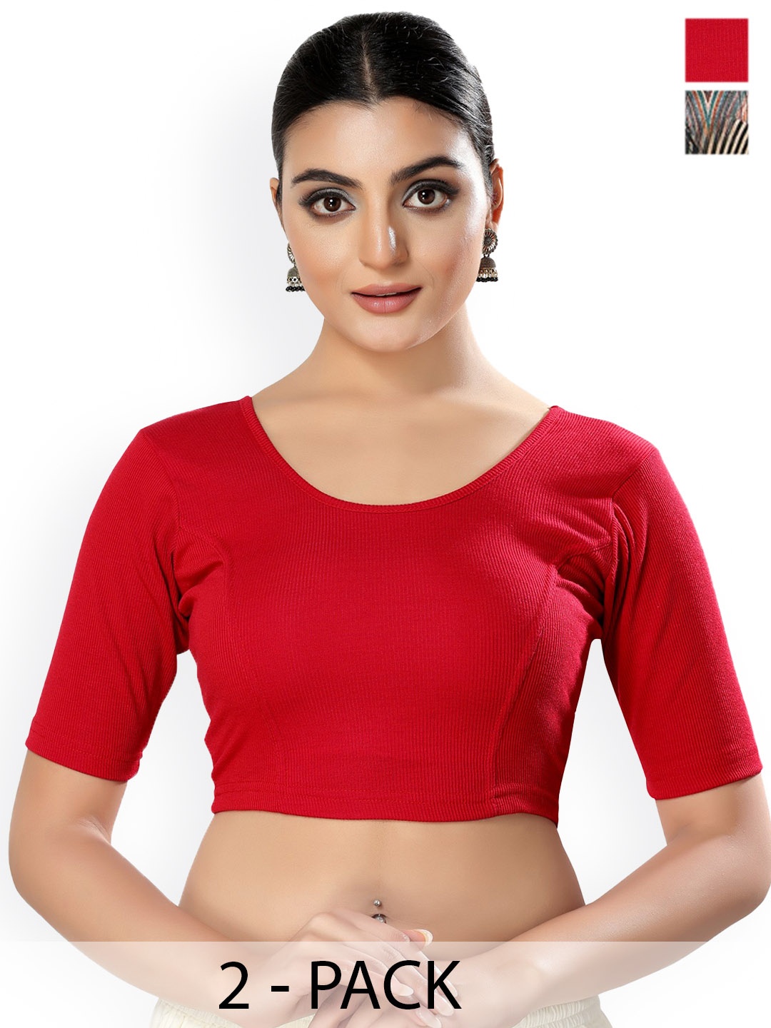

SALWAR STUDIO Pack Of 2 Cotton Saree Blouse, Red