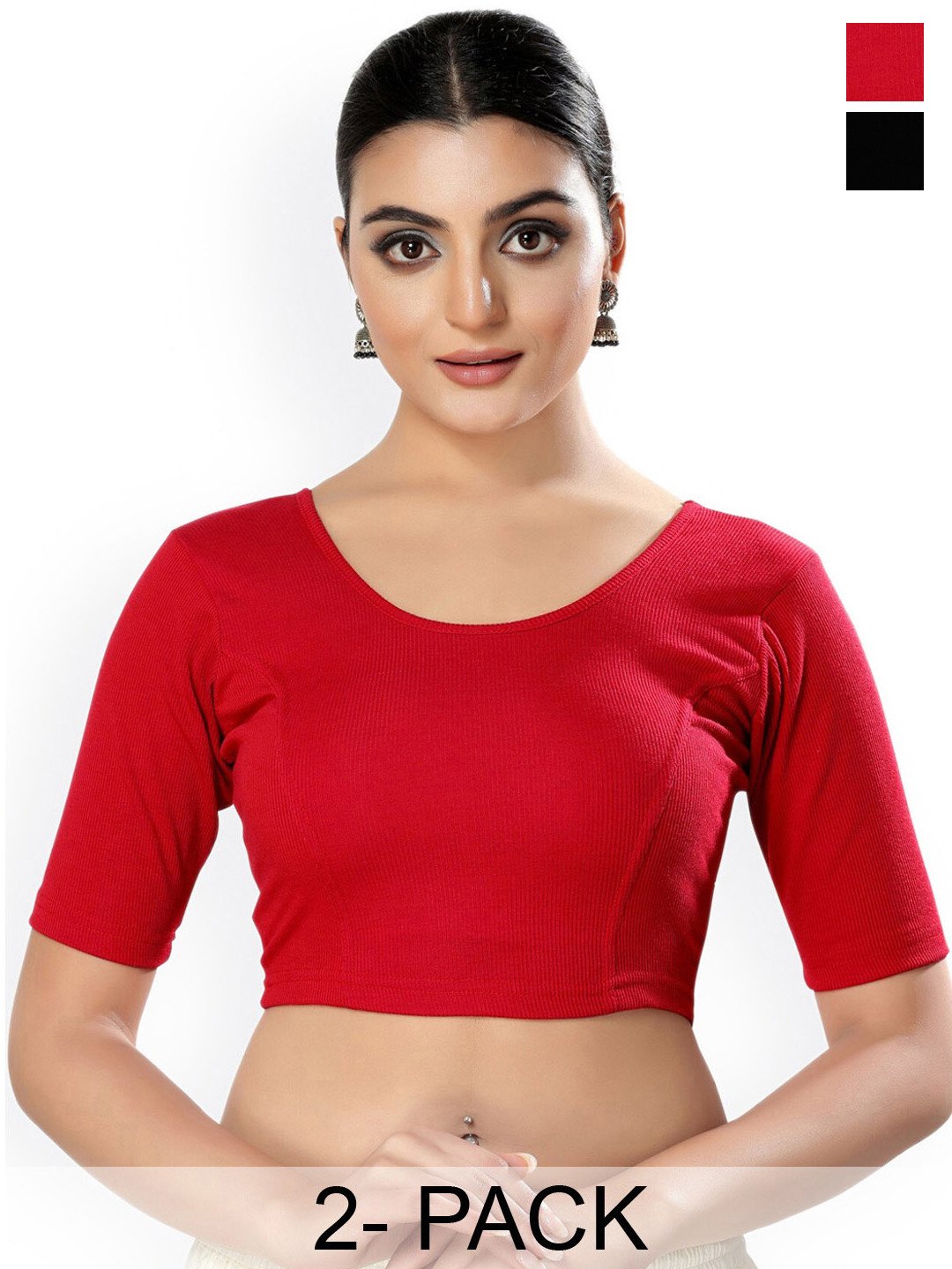 

SALWAR STUDIO Pack Of 2 Cotton Cotton Lycra Saree Blouse, Red