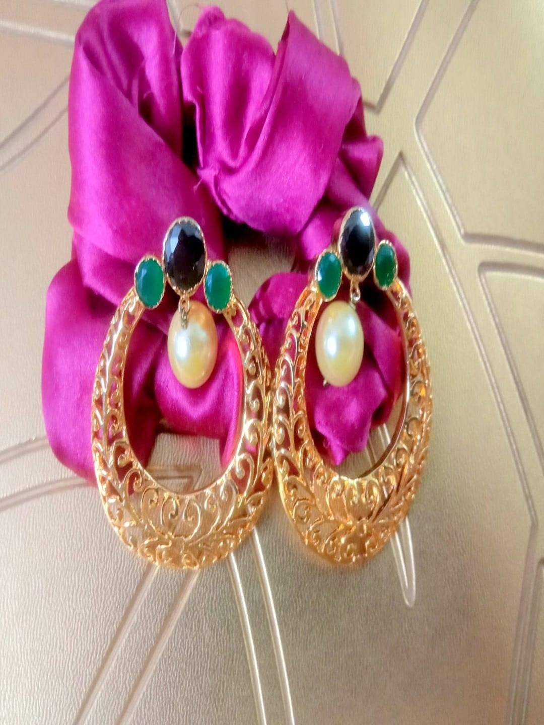 

Runjhun Gold Plated Stone Studded & Beaded Drop Earrings