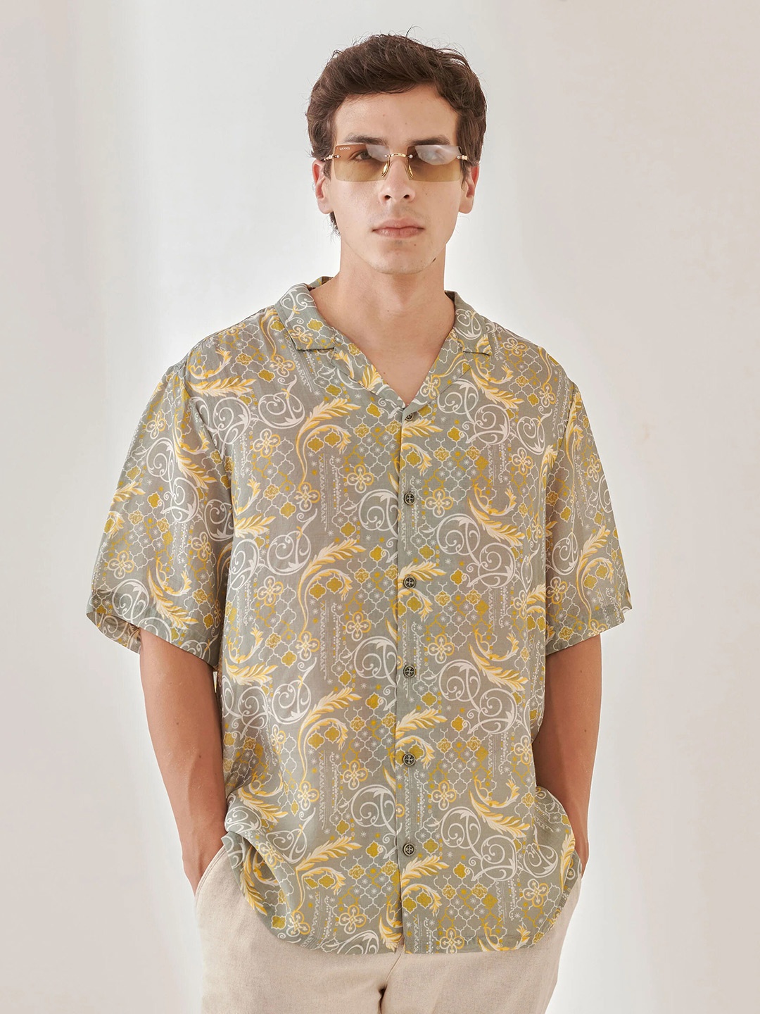 

QB MEN Classic Oversized Fit Ethnic Motifs Printed Silk Casual Shirt, Grey