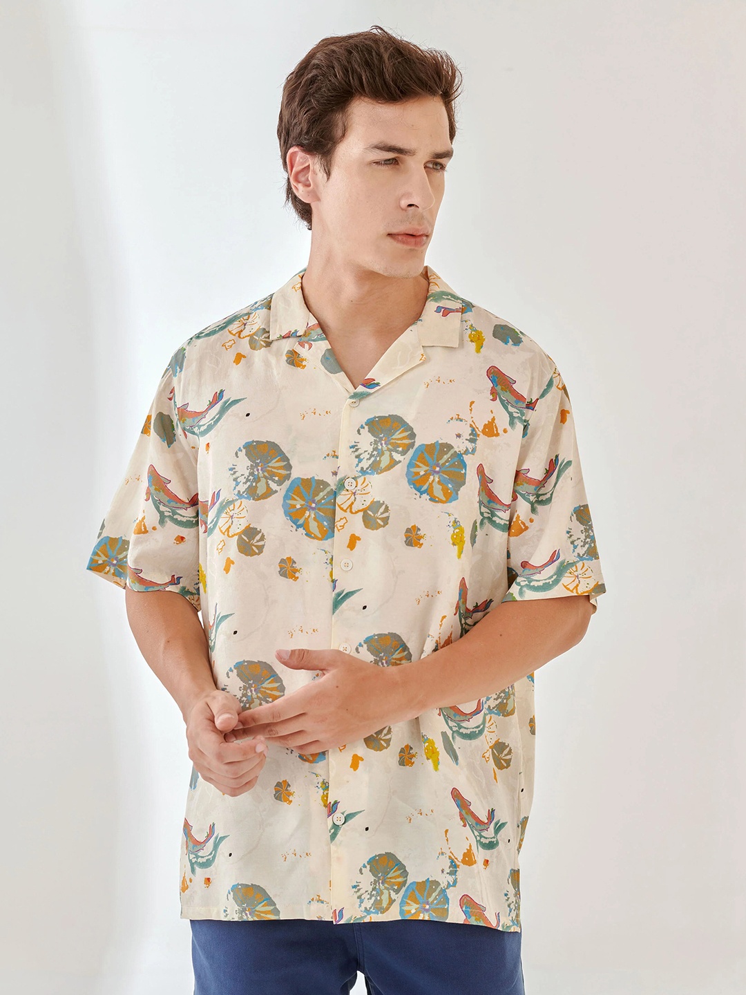 

QB MEN Classic Oversized Fit Abstract Printed Silk Casual Shirt, Off white