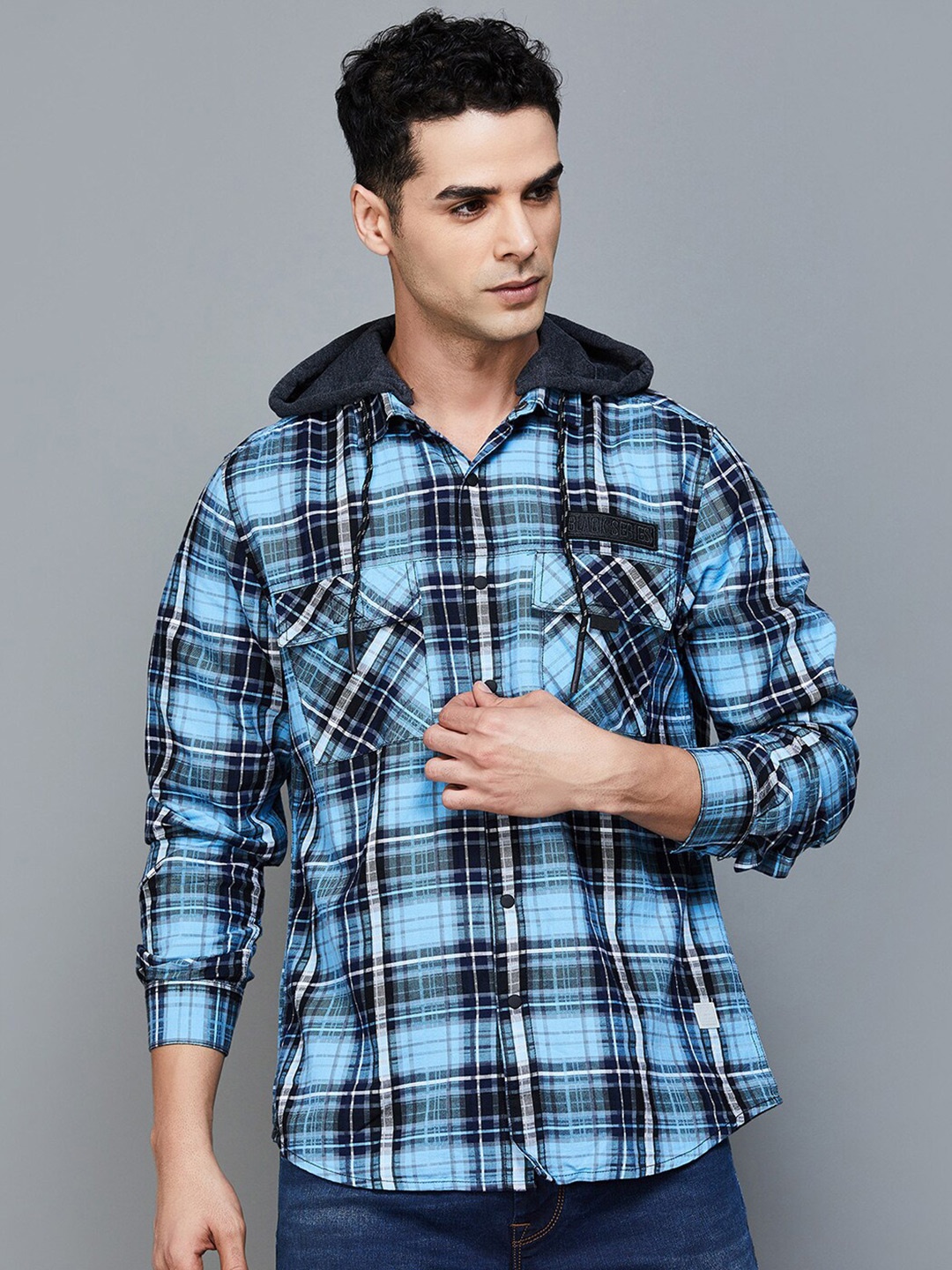 

Bossini Slim Fit Tartan Checked Hooded Shacket, Blue