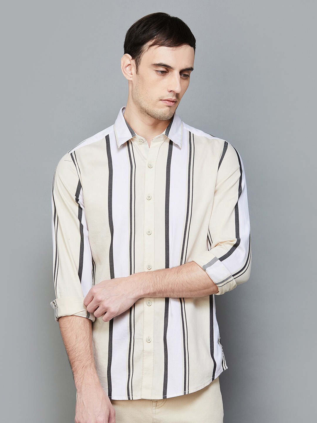 

Bossini Vertical Striped Cotton Casual Shirt, Beige