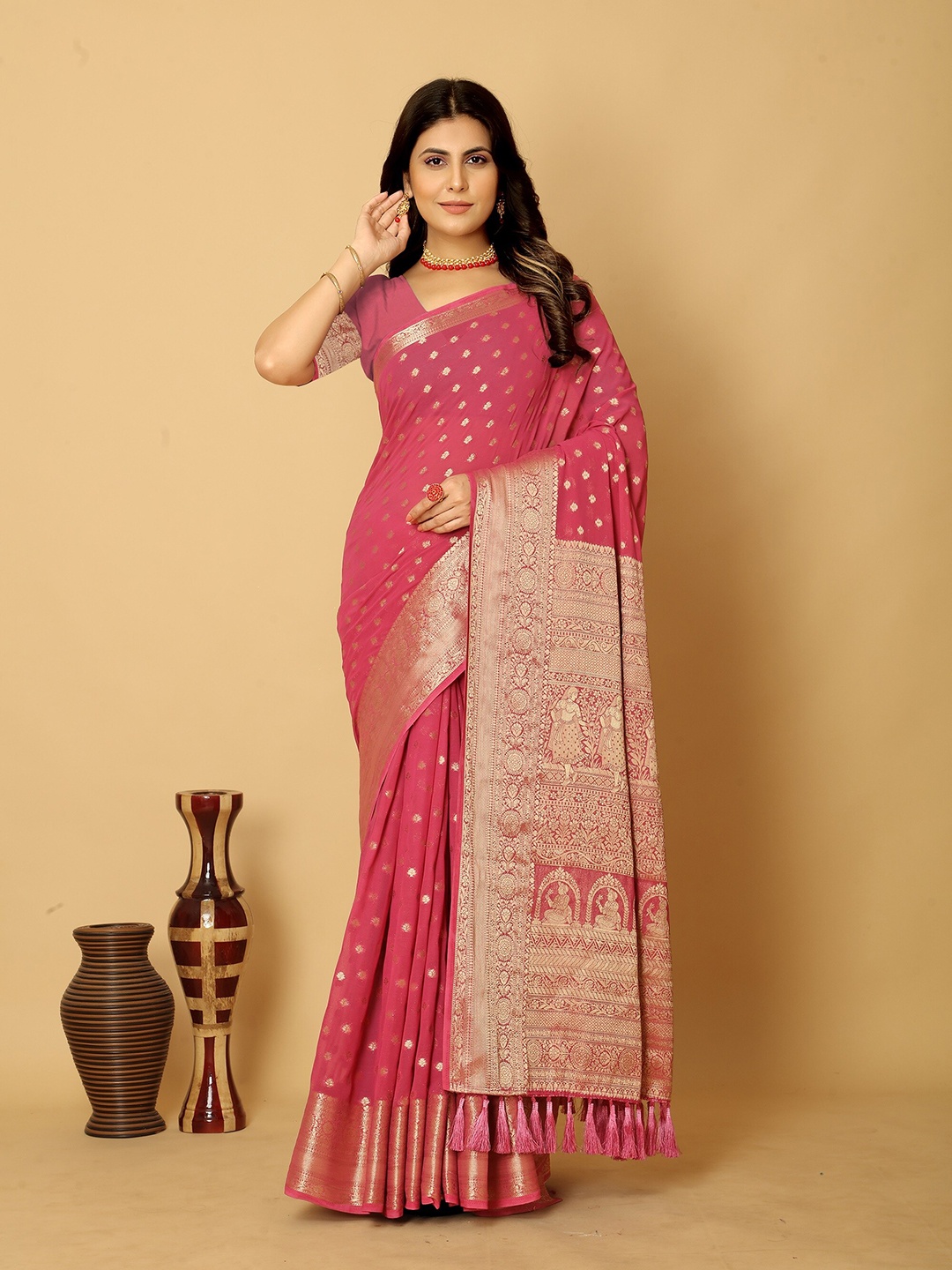 

FLOURIOUS Woven Design Ethnic Motifs Banarasi Saree, Purple