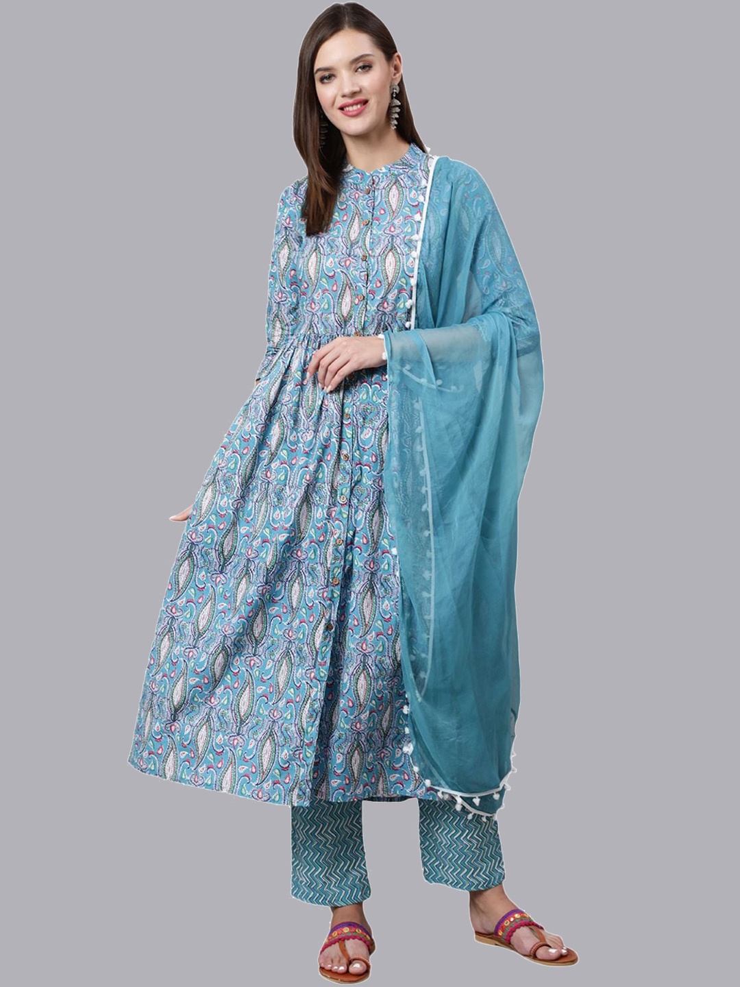 

GLAM ROOTS Ethnic Motifs Printed Mandarin Collar Cotton A-Line Ethnic Kurta With Dupatta, Blue