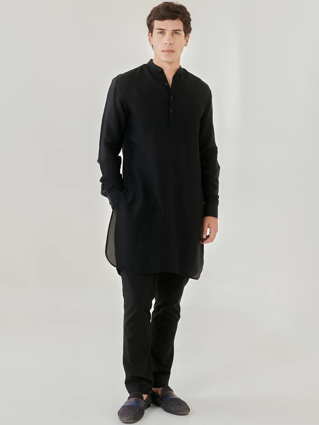 

QB MEN Men Mandarin Collar Cotton Straight Kurta, Black